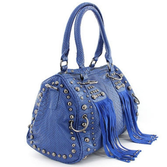 Galian Fringe Studded Python Print Blue Handbag - Picture 2 of 8